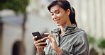 Phone, smile and social media with woman on city to search for directions to commute or travel location. App, social media and text message with happy person outdoor in urban town for communication