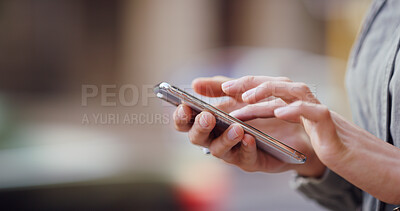 Buy stock photo Student, education and hands with smartphone, city and checking of email for application results or typing. Outdoor, person and browsing for feedback from college, space and waiting for notification