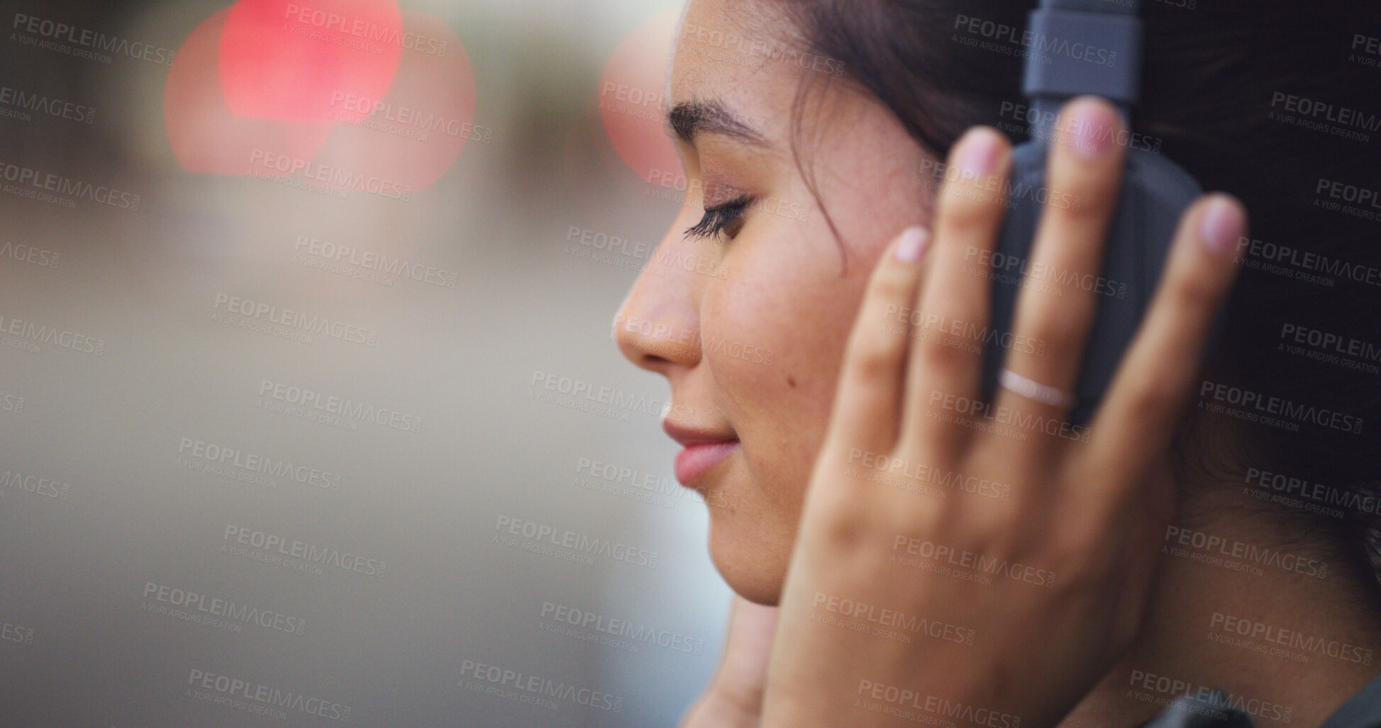 Buy stock photo Headphones, peace and woman in city with music for anxiety release in morning on travel journey. Calm, audio tech and female student listening to online zen playlist, podcast or radio in urban town.