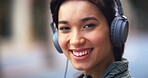 Headphones, happy and portrait of woman in city with music for commuting to university in morning. Travel, audio tech and female student listening to online playlist, podcast or radio in urban town.