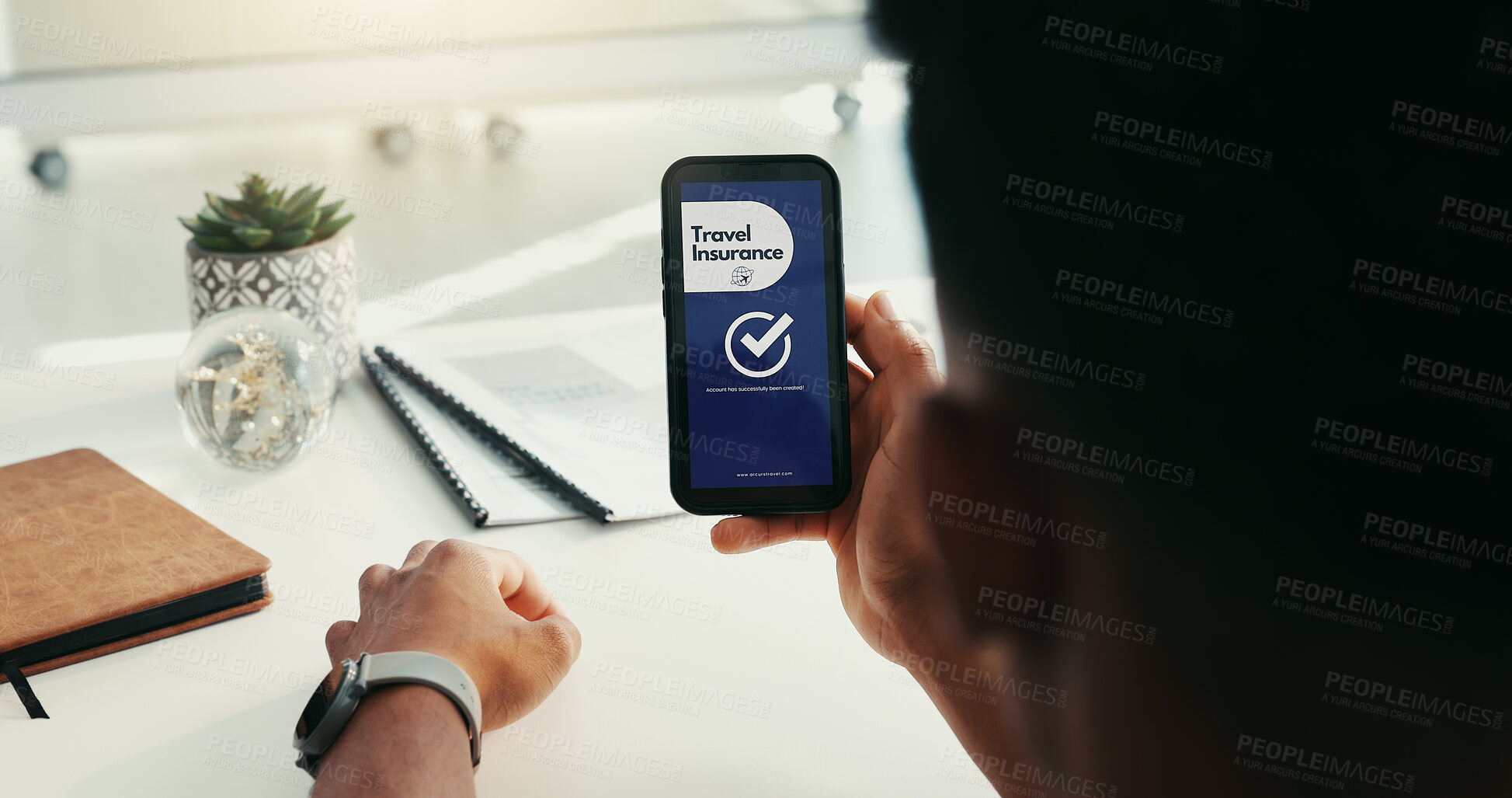 Buy stock photo Phone, screen and hands of person with insurance for travel, security and policy. Professional, office and worker on smartphone for online application, flight benefits and protection on mobile app