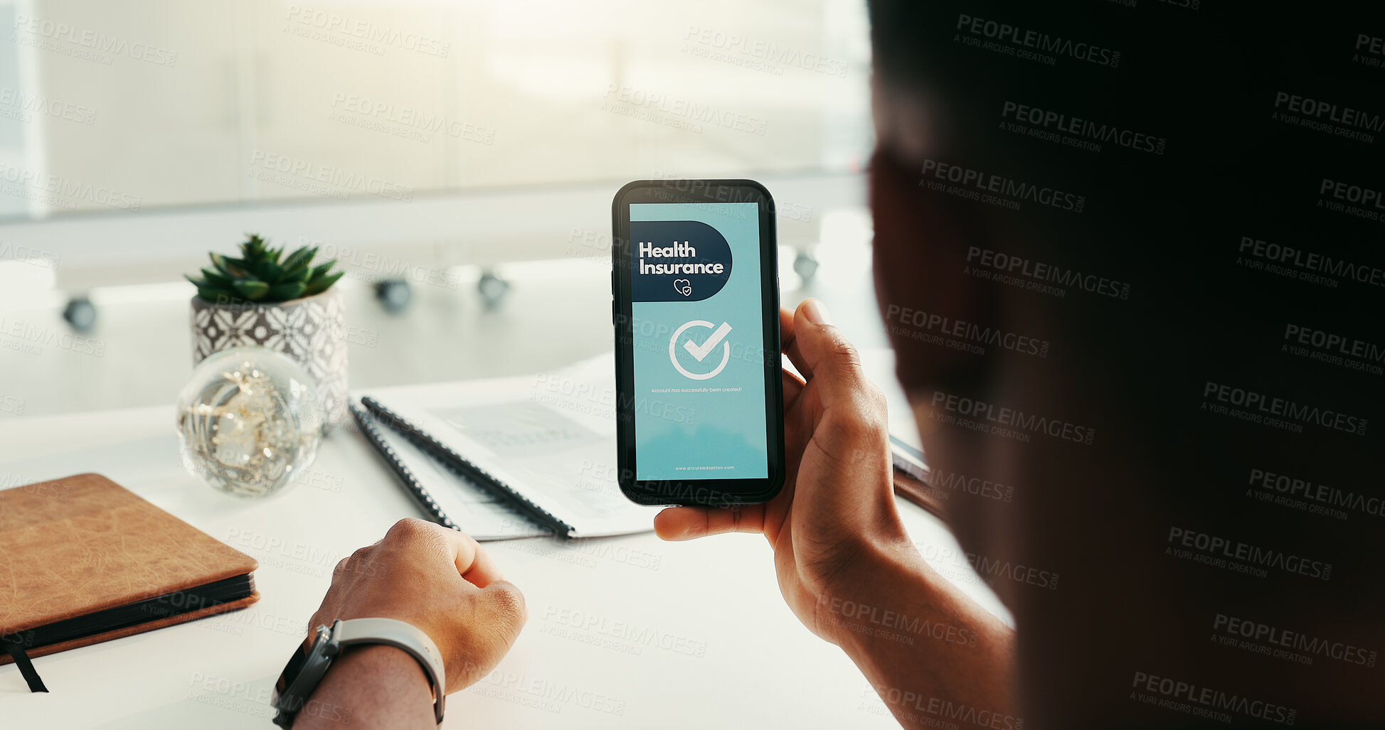 Buy stock photo Phone, screen and hands of person with insurance for health, medical aid and policy. Professional, office and worker on smartphone for online application, healthcare and protection on mobile app