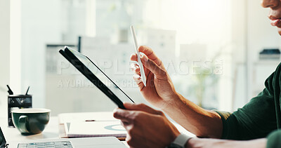 Buy stock photo Man, office and tablet in hands for business, economy research or stock market update. Trader thinking, digital pen or tech in agency for online banking, budget planning or investment feedback in app