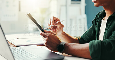 Buy stock photo Trader, office and tablet in hands for business, economy research and stock market update. Man, digital pen and technology in agency for online banking, budget planning or investment feedback in app