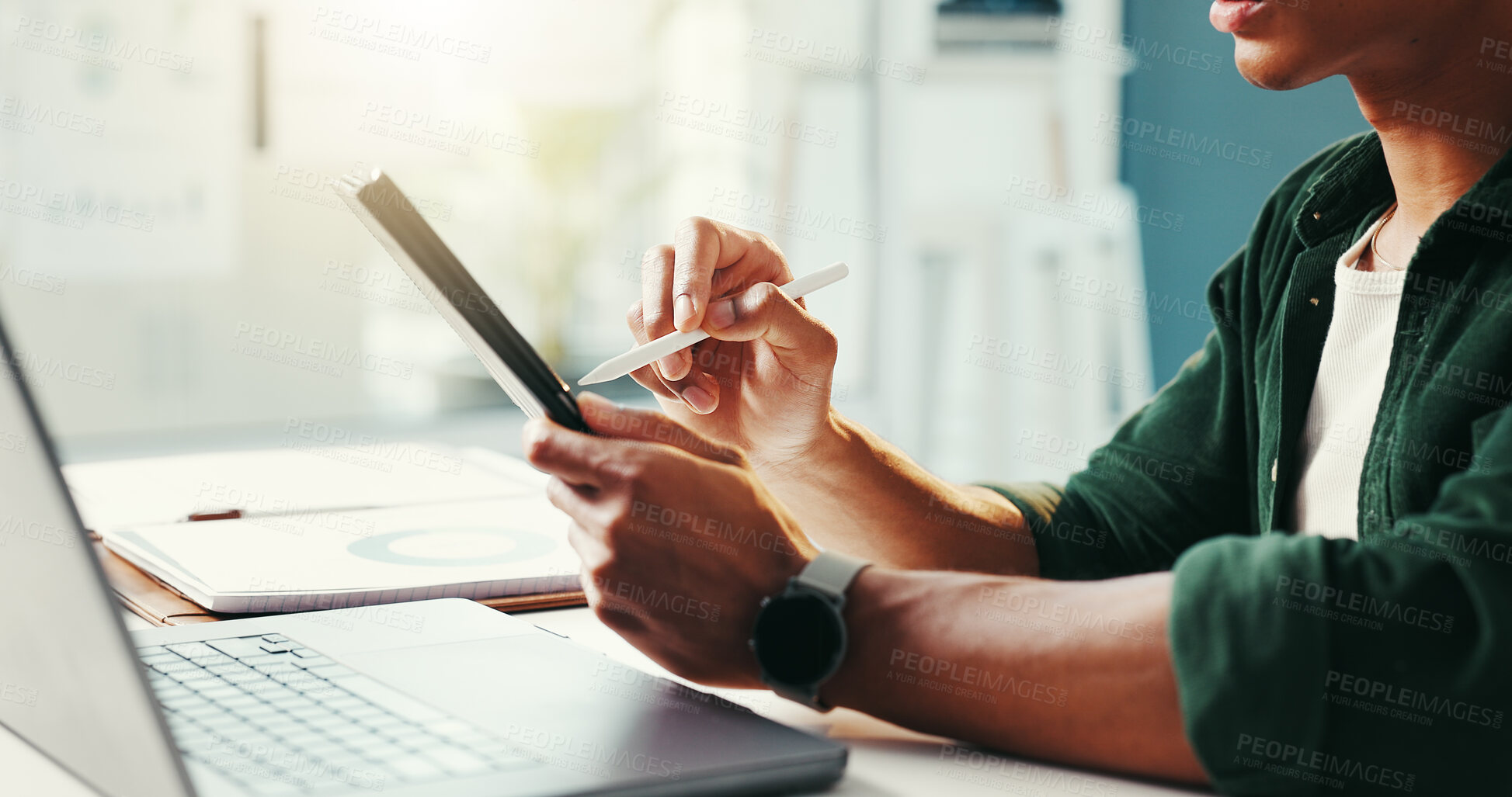 Buy stock photo Trader, office and tablet in hands for business, economy research and stock market update. Man, digital pen and technology in agency for online banking, budget planning or investment feedback in app