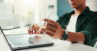 Buy stock photo Thinking, laptop and business man with pen in office for online planning, writing proposal and research. Creative, professional and worker on computer for project, brainstorming ideas and solution