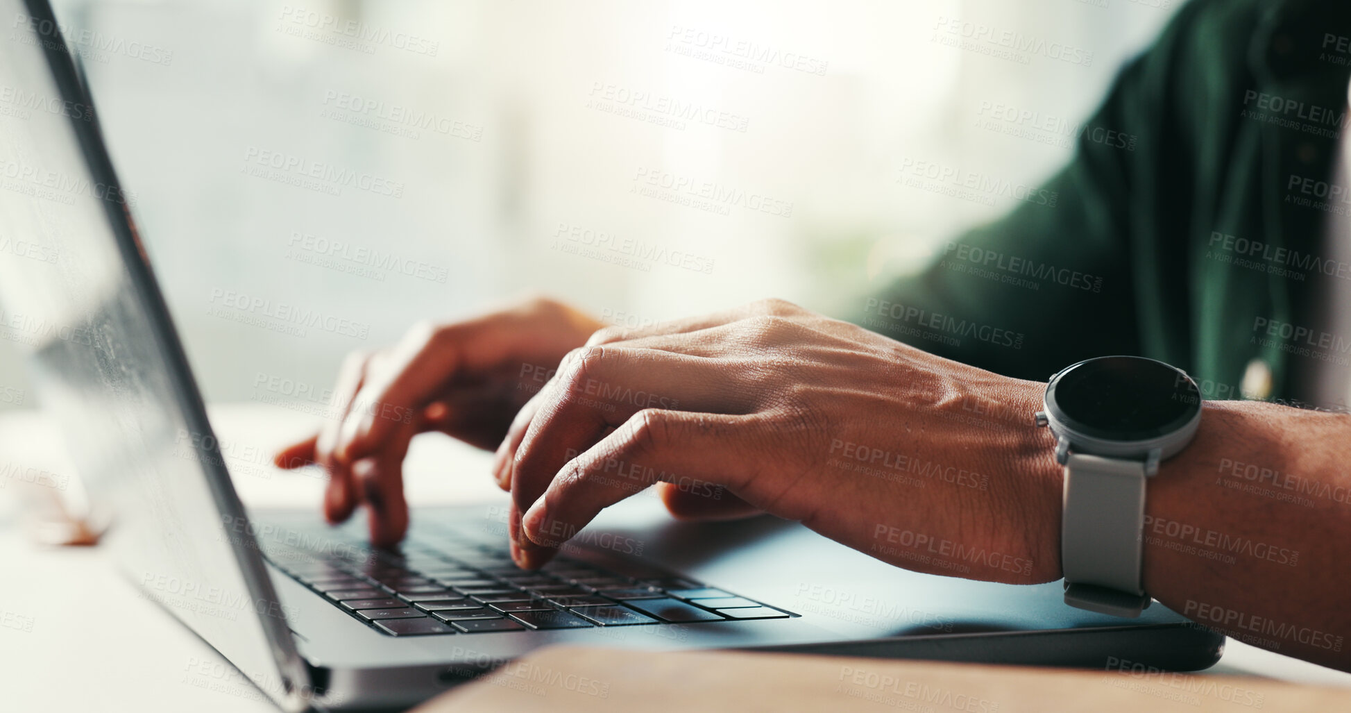 Buy stock photo Typing, laptop and hands of business man in office for online planning, writing proposal and research. Creative startup, professional and worker on computer for project, website reviewer and feedback