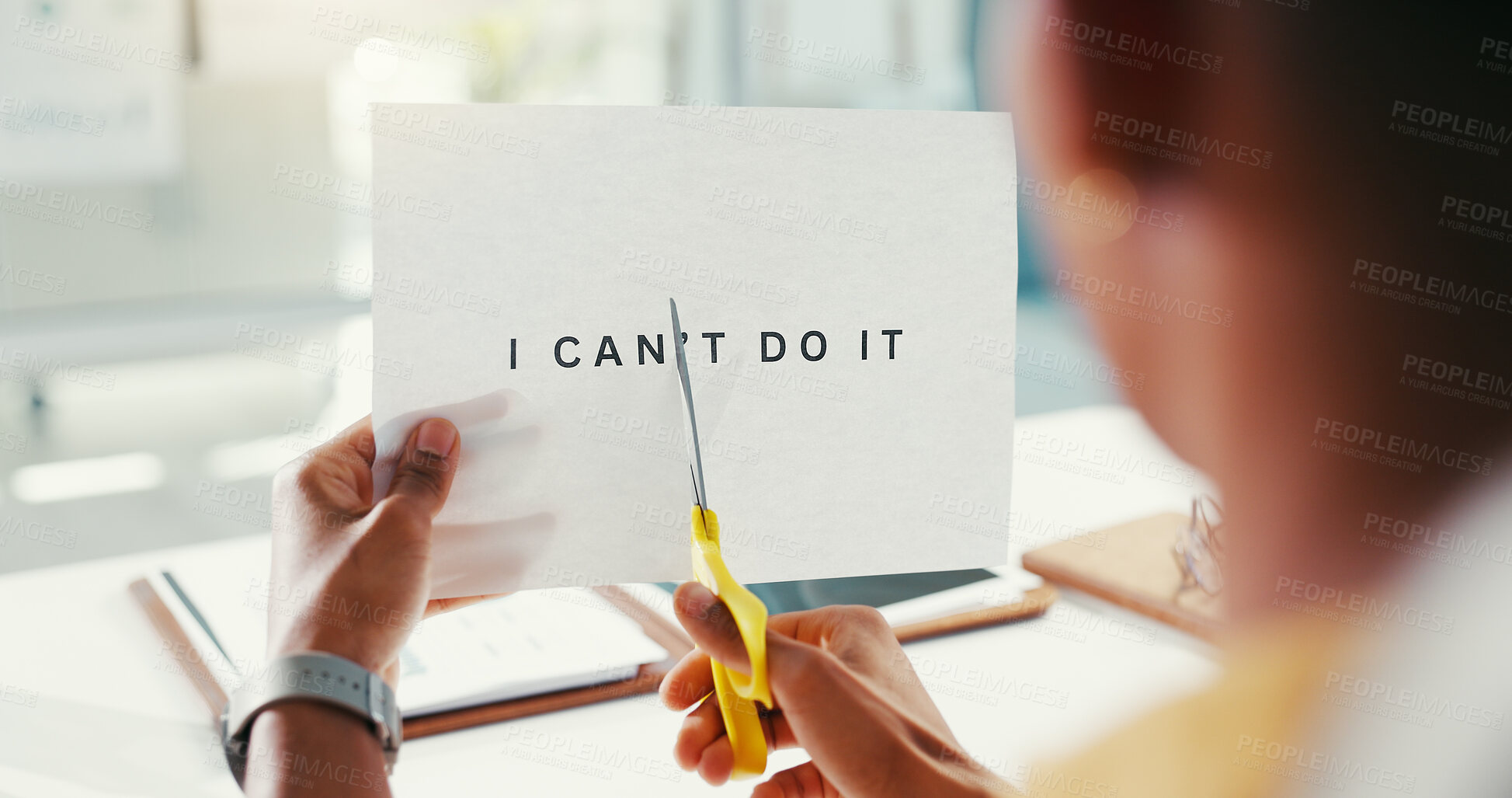 Buy stock photo Cutting, paper and scissors with business person in office to destroy doubt or negative thought. Change, documents and mindset with employee at desk in workplace for mental shift or transformation