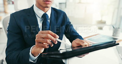 Buy stock photo Businessman, office and tablet in hands for trading, economy research and stock market update. Trader, digital pen and tech in agency for online banking, budget planning or investment feedback in app