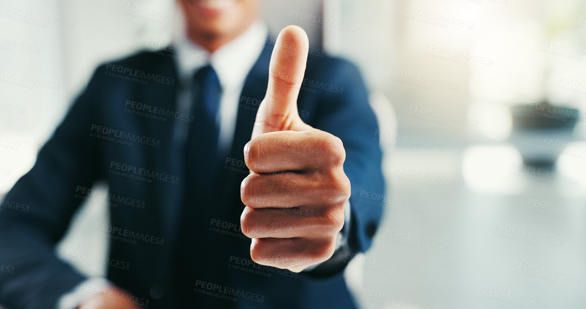 Buy stock photo Businessman, hand and thumbs up in office, approval emoji and motivation for support or agreement. Male person, professional and thank you for promotion in workplace, target feedback and opinion
