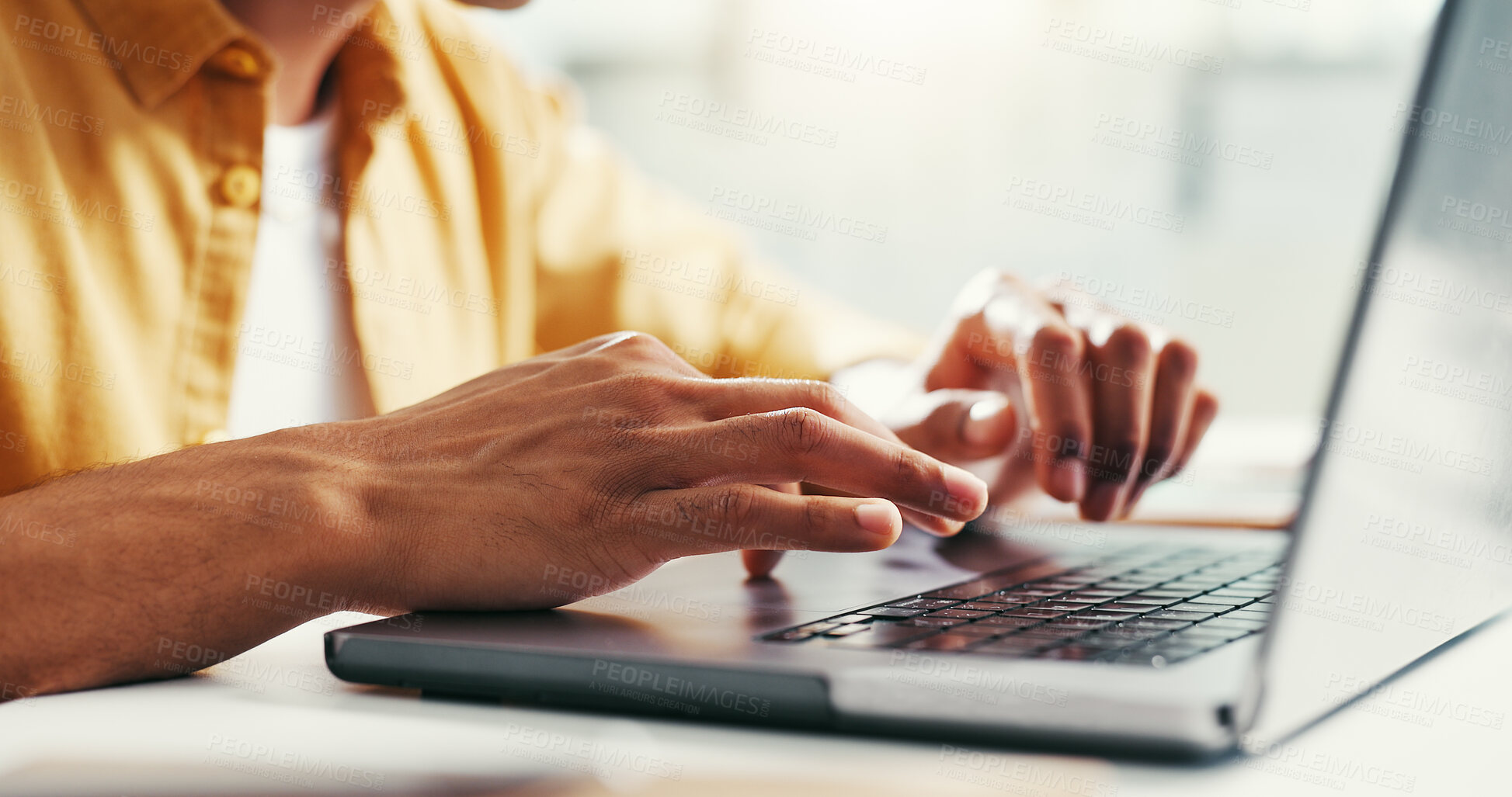 Buy stock photo Hands, laptop and typing with business person at desk in office for online planning or research. Computer, report and update with employee drafting email for feedback or review of design project