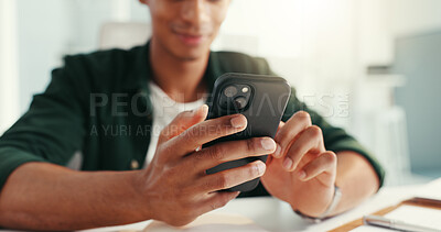 Buy stock photo Office, phone and hands of business man with online text, message and communication. Professional, creative worker and person on smartphone to check internet, social media and emails on mobile app