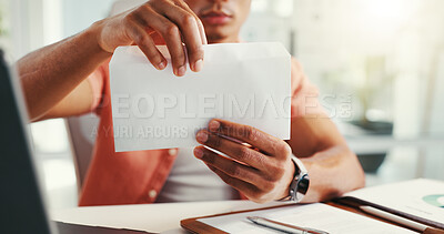 Buy stock photo Hands, serious and person with envelope, office and delivery of mail for freelancer, check payment or mockup. Creative, web designer and man with report for service, reading or invoice for contractor