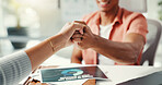 Business people, hands and fist bump for welcome, collaboration or happy for b2b opportunity proposal. Creative, colleague or secret handshake in agency for agreement, synergy or team building 