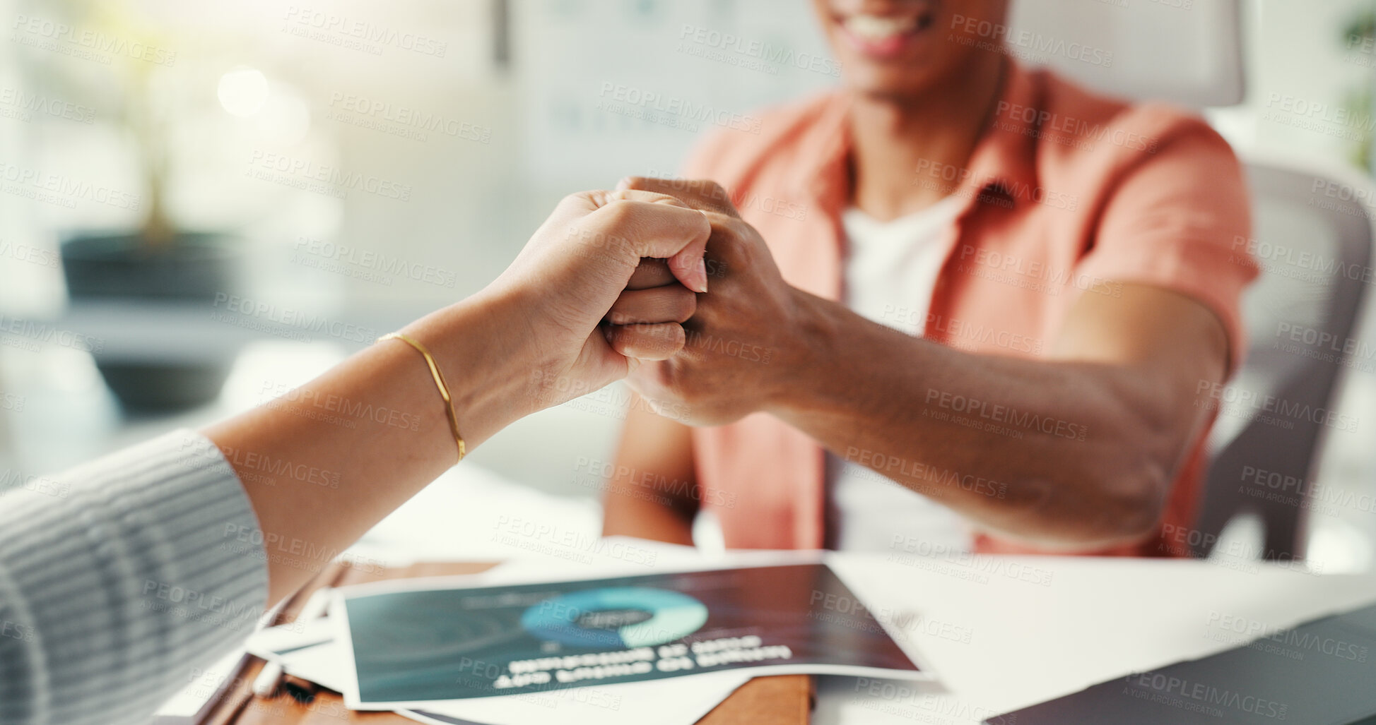 Buy stock photo Business people, hands and fist bump for welcome, collaboration or happy for b2b opportunity proposal. Creative, colleague or secret handshake in agency for agreement, synergy or team building 