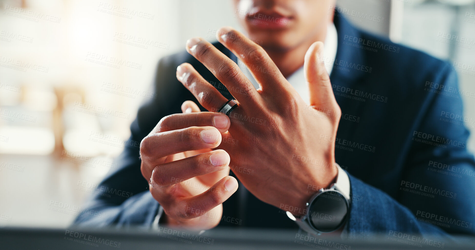 Buy stock photo Wedding ring, hands and businessman in office for divorce with infidelity, breakup or toxic relationship. Mistake, anxiety and male person with marriage band for separation of commitment in workplace