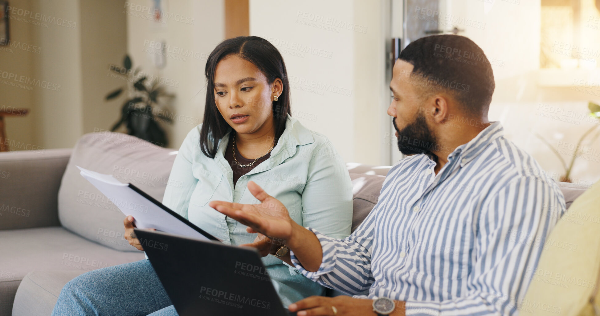 Buy stock photo Stress, finance and fight with couple on sofa for debt solution, home loan application and budget expenses. Mortgage payment, emergency savings and worry with man and woman for taxes and concern