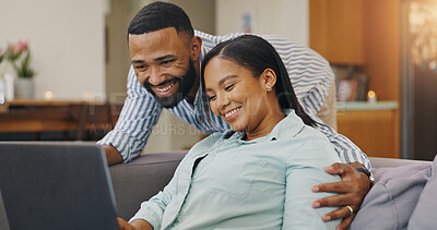 Buy stock photo Couch, smile and couple with laptop, bonding and research for home loan, online and newlyweds in lounge. Digital, man and woman with tech for credit score, living room or planning for budget of house