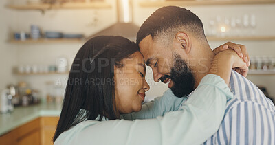 Buy stock photo Love, dance and happy with couple in kitchen for support, music and bonding. Celebration, smile and marriage with man and woman hugging at home for romantic memory, embrace and care together