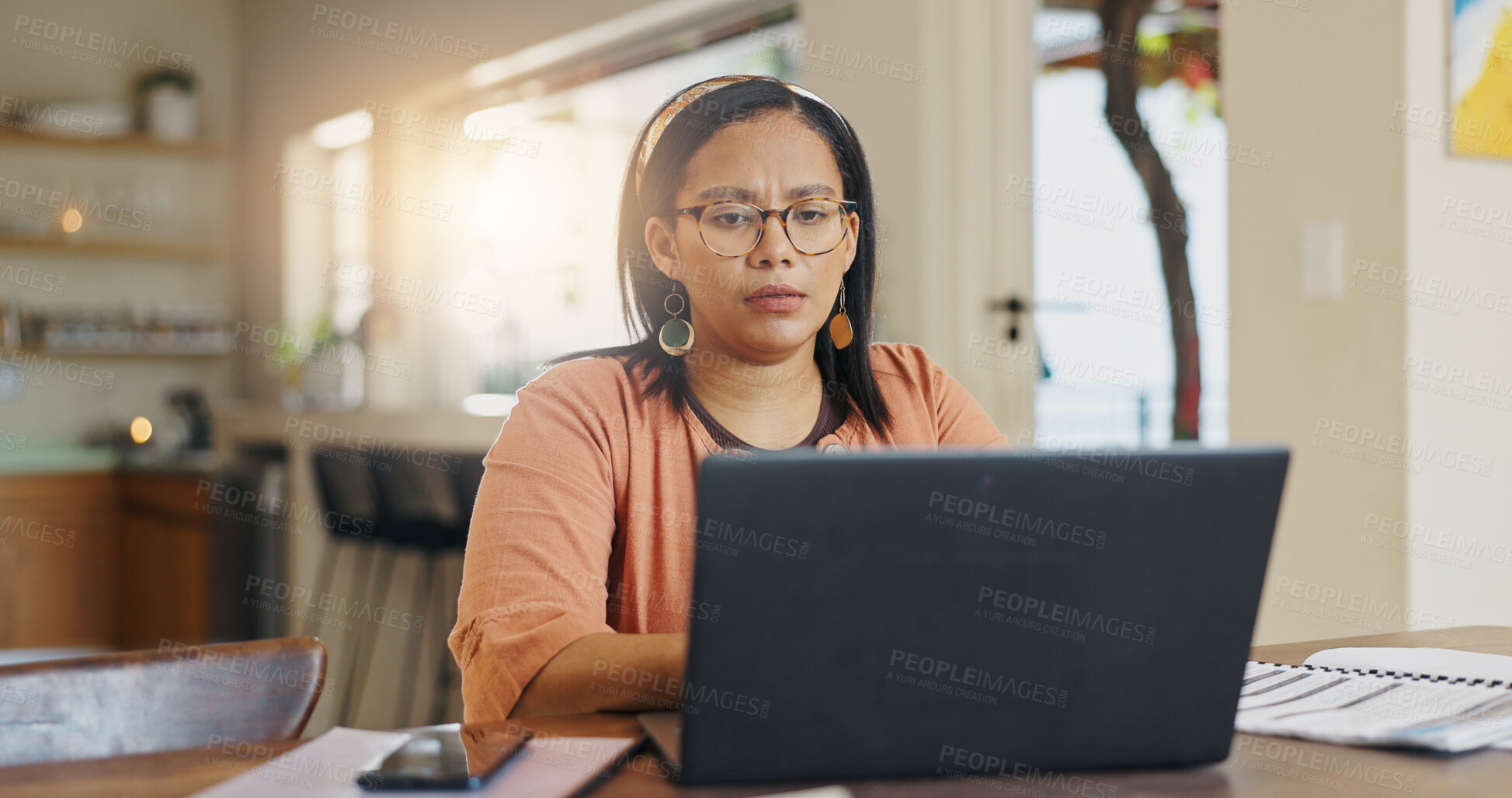 Buy stock photo Laptop, remote work and confused woman with documents for client consulting, tech support or customer service. Agent, disappointed and virtual assistant for advice, hotline or faq for communication