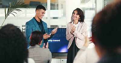 Buy stock photo Office, award and business people in boardroom for success, achievement and celebration. Corporate, company reward and happy workers clapping hands for well done, promotion announcement and thank you