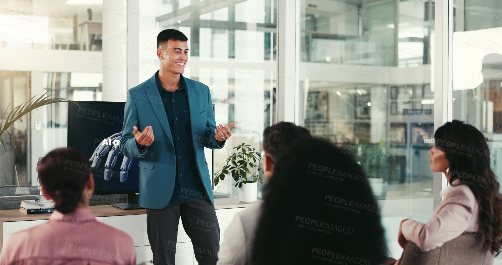 Buy stock photo Presentation, machine learning and man in office for conference, tradeshow and seminar. Public speaking, innovation and person at business event for ai integration, tech training or robotics workshop