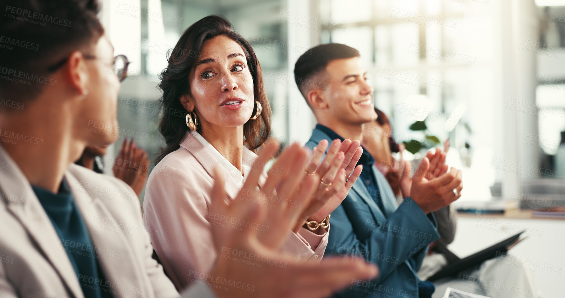Buy stock photo Business people, audience and woman for applause in office, workshop and accountants training at company. Group, men and manager with clapping for support, celebrate and happiness for meeting success