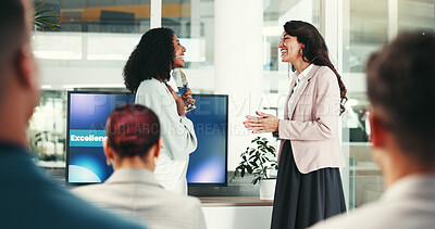 Buy stock photo Office, award and business people in meeting for well done, achievement and celebration. Corporate, company reward and happy workers clapping hands for success, promotion announcement and thank you