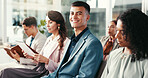 Business people, employees and man in portrait for conference, corporate training and career growth. Office, audience and accountant with smile for meeting, auditing workshop and tradeshow for firm