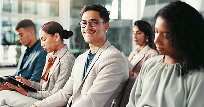 Buy stock photo Business people, portrait and man with employees for conference, corporate training and career growth. Office, audience and accountant with smile for meeting, auditing workshop and tradeshow for firm