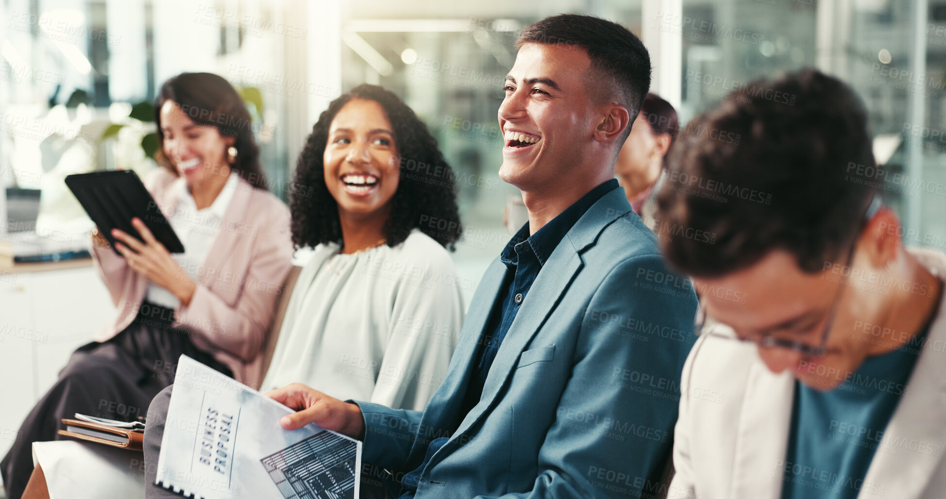 Buy stock photo Laugh, fun and group of business people at seminar with corporate training, ideas and planning. Men, women and audience in company meeting for growth, development or employee engagement at conference