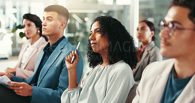 Buy stock photo Notes, questions and group of business people at seminar with corporate training, ideas and planning. Men, women and audience in company meeting for growth, development and agenda at conference