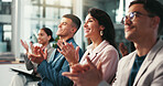 Business people, audience and hands for applause in office, workshop and accountants training at company. Group, men and women with calpping for support, celebration and happiness for meeting success
