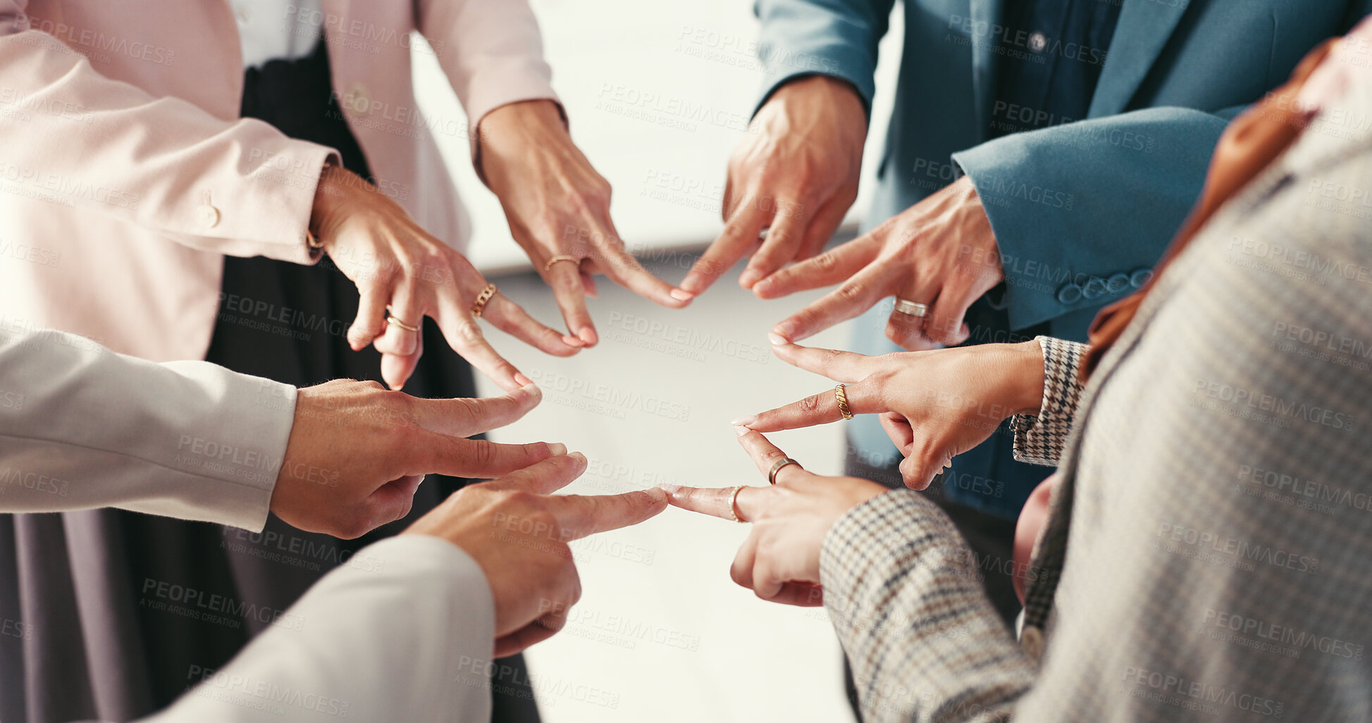 Buy stock photo Fingers, huddle and team building with business people in office together for solidarity or unity. Collaboration, star and hands with employee group in workplace for connection, planning or synergy