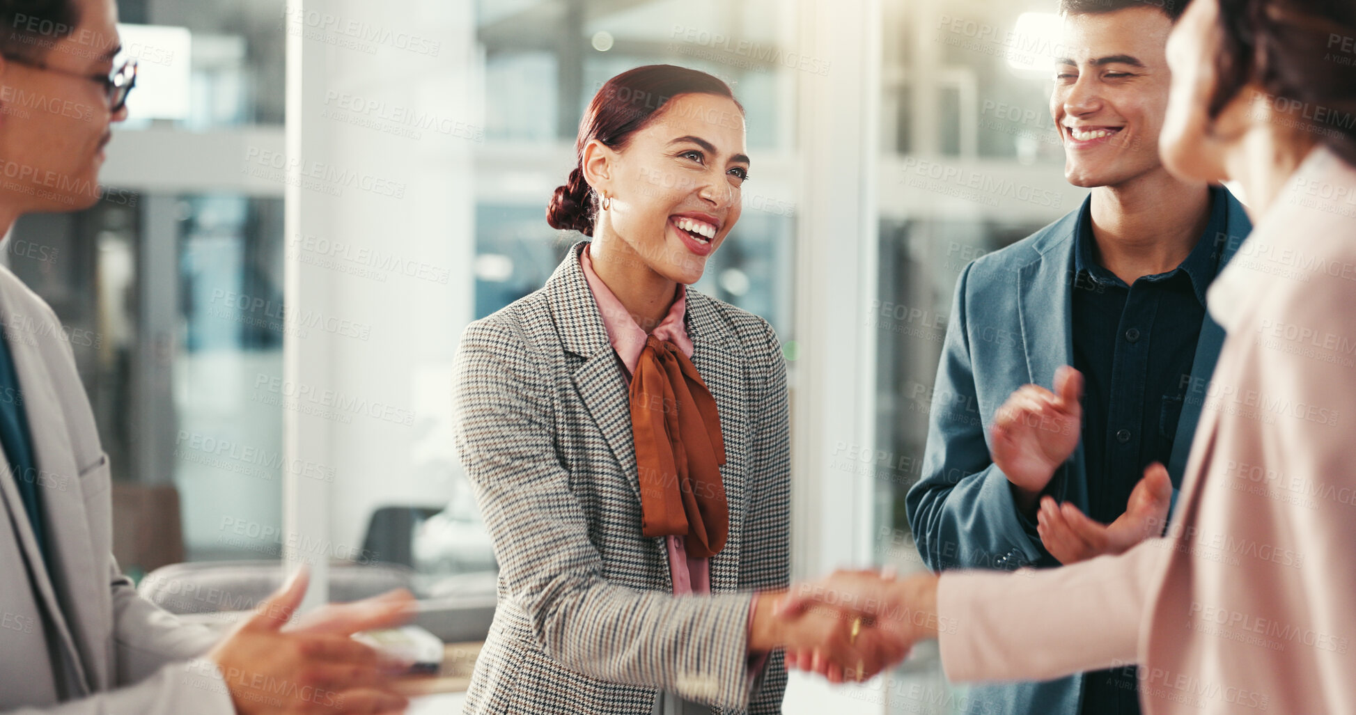 Buy stock photo Handshake, applause and happy business people in office for teamwork, collaboration and partnership. Corporate, professional and men and women shaking hands for promotion, agreement and onboarding
