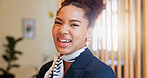 Hotel, happy and portrait of woman at reception for welcome, travel booking or luxury accommodation. Smile, face and receptionist at front desk for check in at hospitality service with confidence