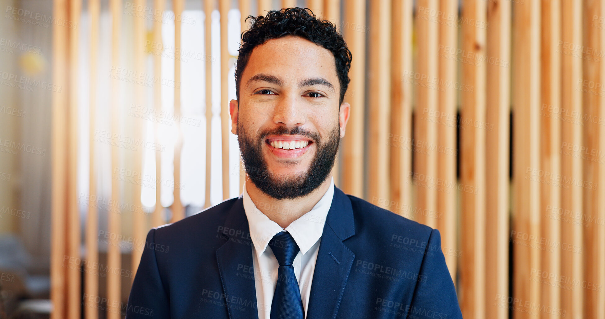 Buy stock photo Hotel, smile and portrait of man at reception for welcome, travel booking or luxury accommodation. Happy, face and receptionist at front desk for check in at hospitality service with confidence