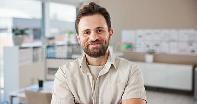 Buy stock photo Portrait, confidence and man as interior designer in workplace, real estate and property renovation. Happy, male decorator and consultation with apartment design, startup career and creative agency 