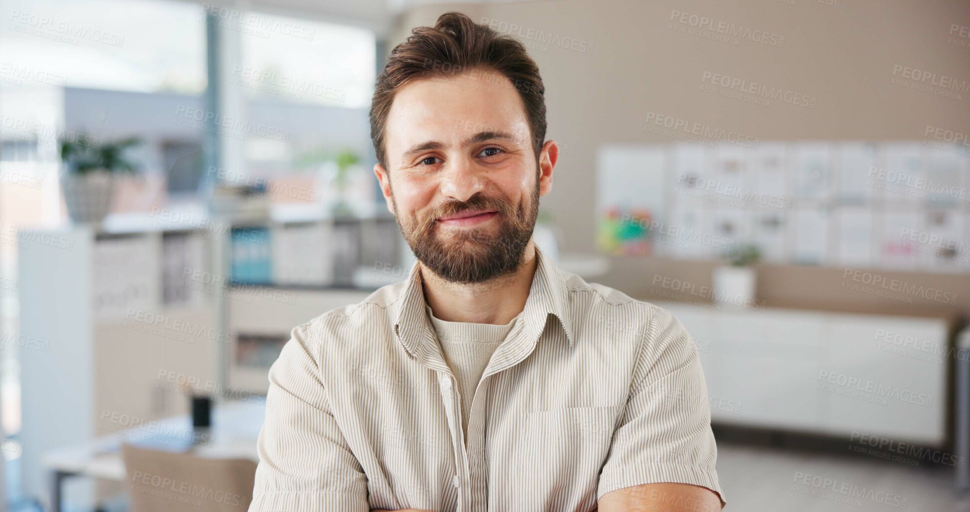 Buy stock photo Portrait, confidence and man as interior designer in workplace, real estate and property renovation. Happy, male decorator and consultation with apartment design, startup career and creative agency 