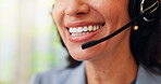 Business, call center and woman with smile, closeup and telemarketing with advice, mouth and mic. Person, consultant or employee in workplace, headset or conversation with customer service or talking