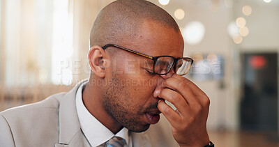 Buy stock photo Face, headache and stress with business black man in office for burnout, crisis or mistake. Anxiety, fail or pain and professional employee in corporate workplace with brain fog or eye strain