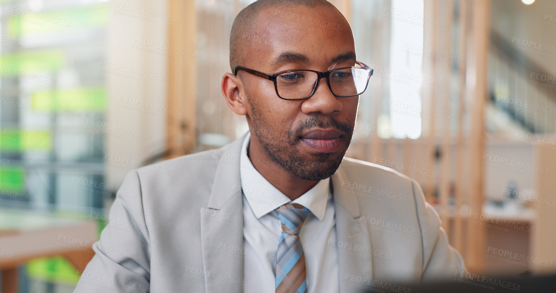 Buy stock photo Finance, glasses and laptop with business black man at desk in coworking space for online accounting. Computer, reading and review with accountant in office for administration or budget planning