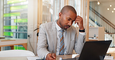 Buy stock photo Business, laptop and black man with stress, headache and overworked with burnout. African person, accountant and employee in office, migraine and glitch with negative feedback, mistake and tax audit