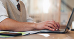 Man, hands and typing on laptop for business, article research and email communication in office. Journalist, computer or notes in agency for report, creative writing or resource connection for story