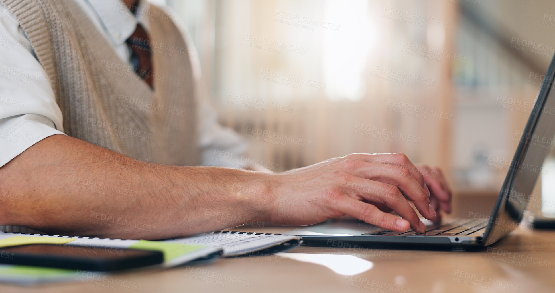 Buy stock photo Man, hands and typing on laptop for business, article research and email communication in office. Journalist, computer or notes in agency for report, creative writing or resource connection for story