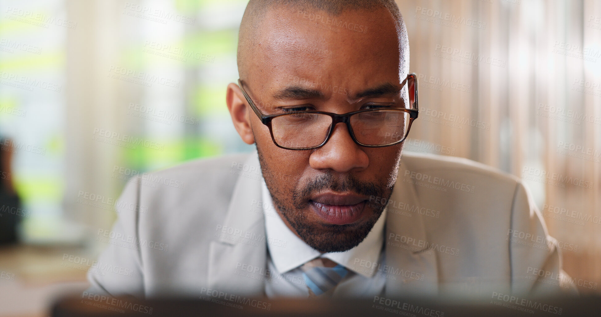 Buy stock photo Face, finance and laptop with business black man at desk in coworking space for online accounting. Computer, problem solving and review with accountant in office for administration or planning