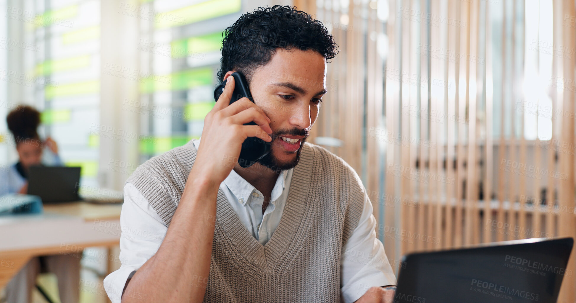 Buy stock photo Business, man and laptop with phone call in office for investment advice, risk tolerance and account feedback. Financial advisor, assistance and talking to client for finance review in coworking firm