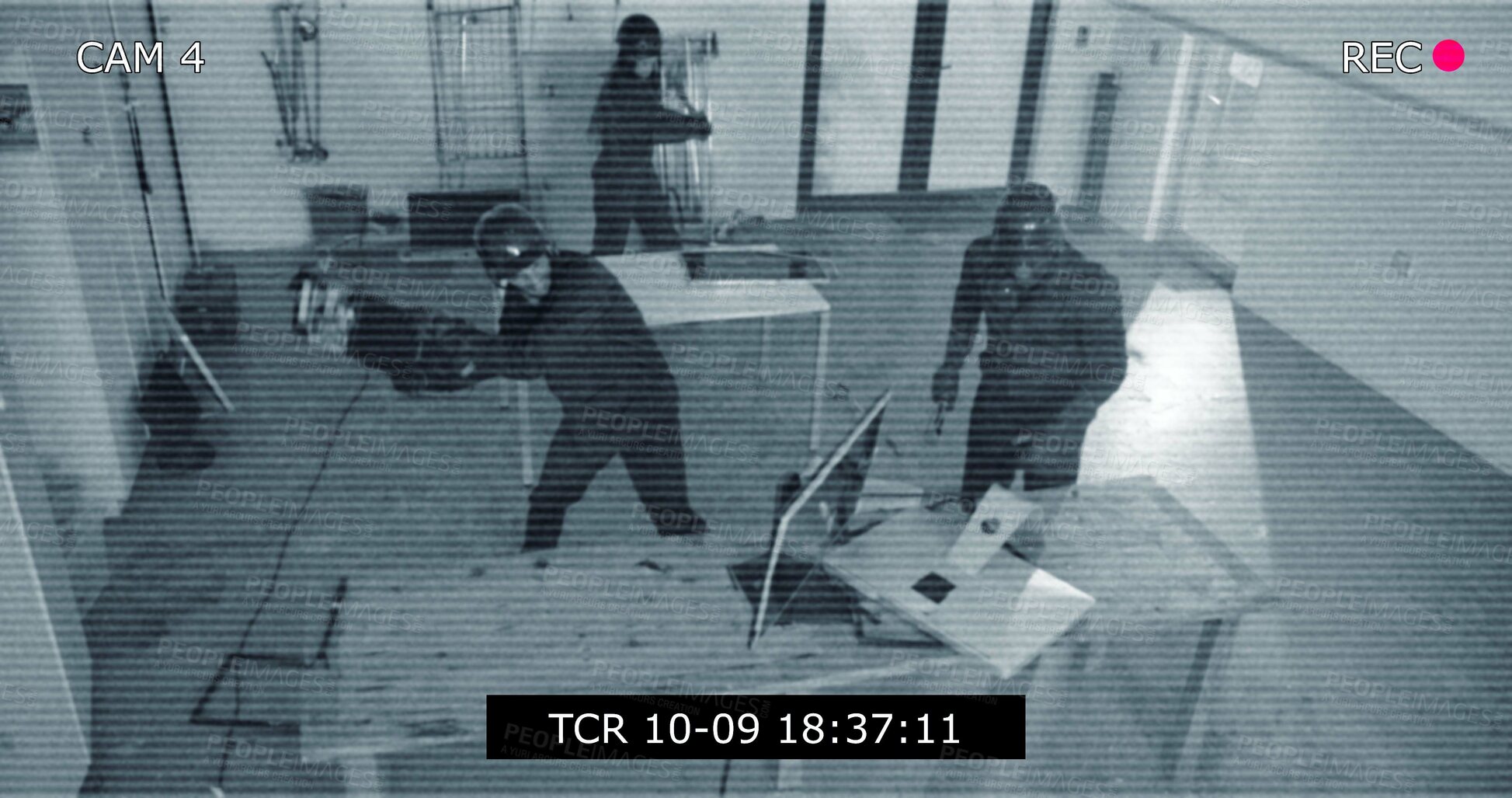 Buy stock photo Criminal, people and violence on video, security camera and breaking of furniture in office or demolition. Digital, surveillance and team caught on footage, vandalism and system for monitoring