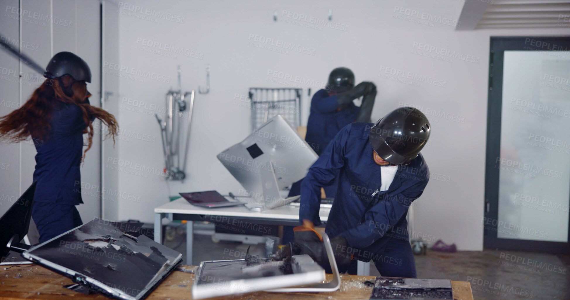 Buy stock photo Demolition, weapon and people in rage room for anger management, cathartic therapy and stress relief. Bat, safety gear and golf club with people in smash center with emotion, break and vandalism