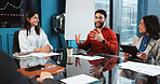 Happy, business people and laptop with meeting for proposal, corporate expansion or financial growth at office. Group, employees or financial team with smile for discussion, profit or company report